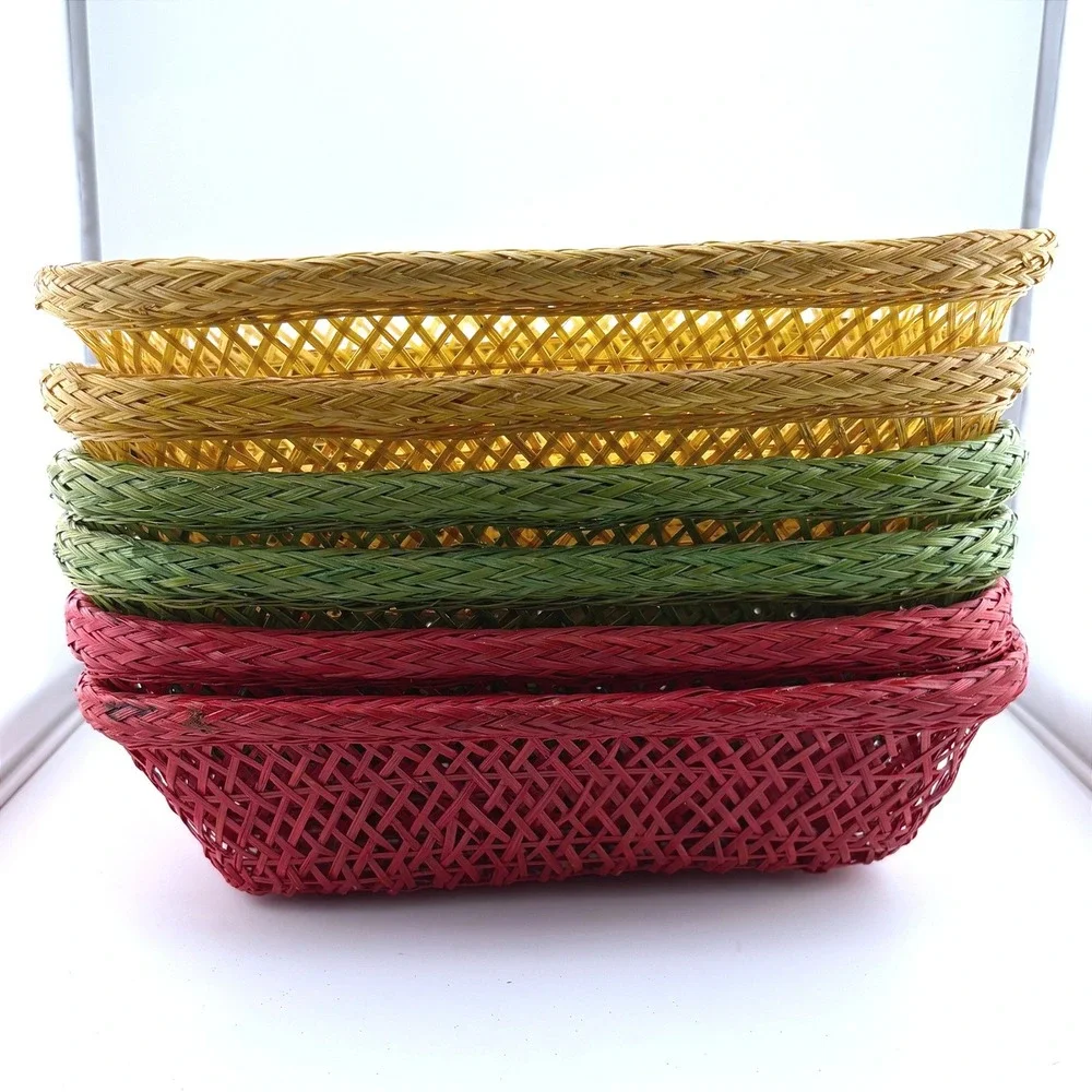Vintage Style Woven Bamboo Baskets‎ Set of 6 Red Green Yellow Rectangular Trays